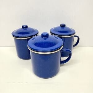 Camping Cup and Lid Set Speckled Blue Enamel on Steel